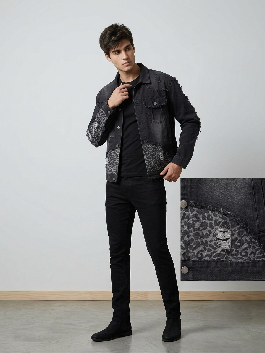 Black Cheetah Ripped Denim Jacket
