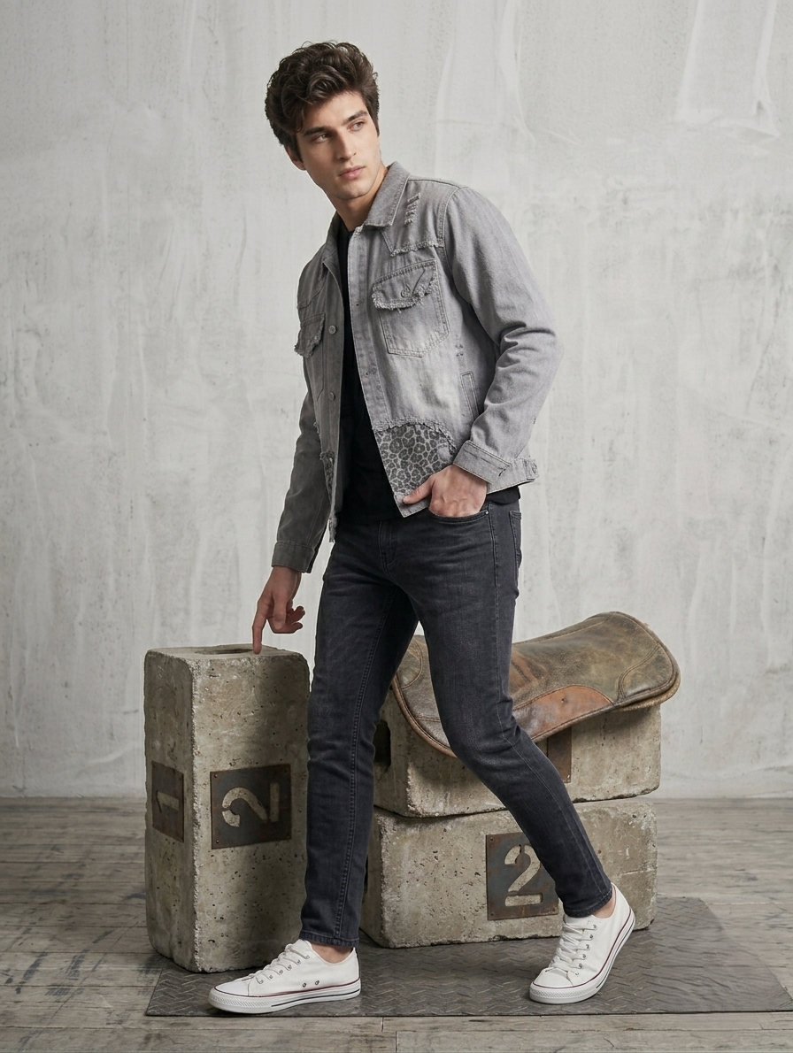 Grey Safari Ripped Trucker Jacket
